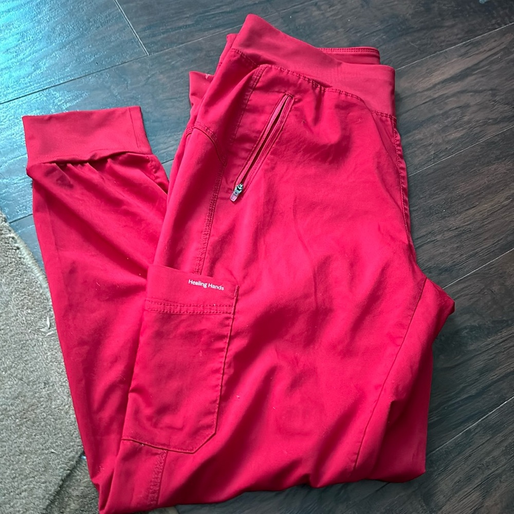 red healing hands scrub joggers